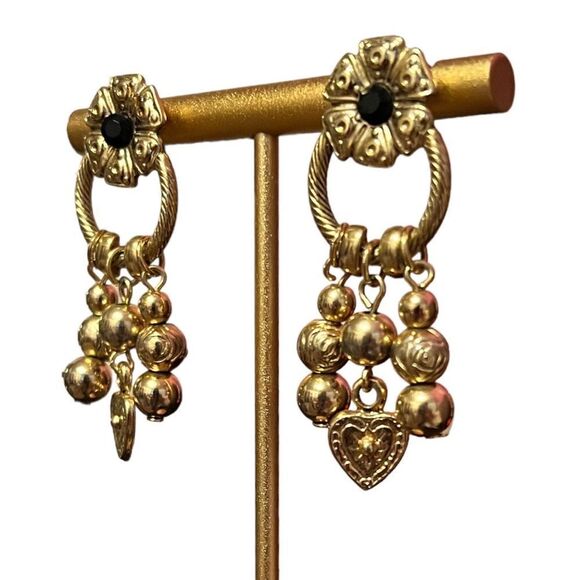 Gold Tone Flower Heart Dangle Earrings - Picture 4 of 4